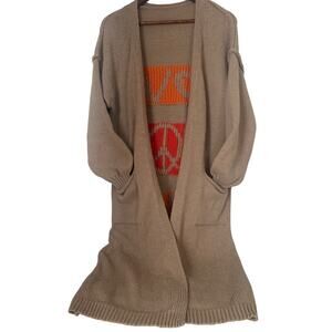 Women's Tan Long Love Peace Sweater with Pockets Size S